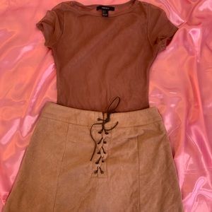 Mesh one piece with suede mini skirt